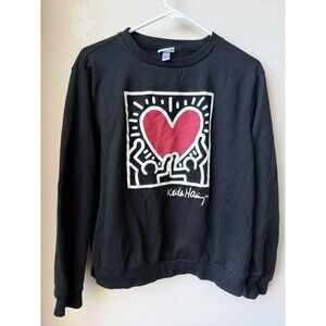 Keith Haring Heart Graphic Sweatshirt Black Crewneck Unisex M Medium 60/40 Blend